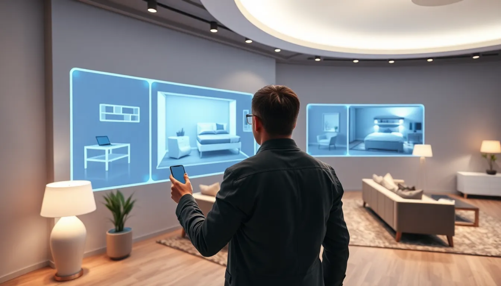 Scène moderne d'un bureau de marketing présentant une personne interagissant avec des affichages de réalité augmentée, incluant des hologrammes 3D de meubles dans un cadre domestique, avec un éclairage futuriste et un mobilier minimaliste.