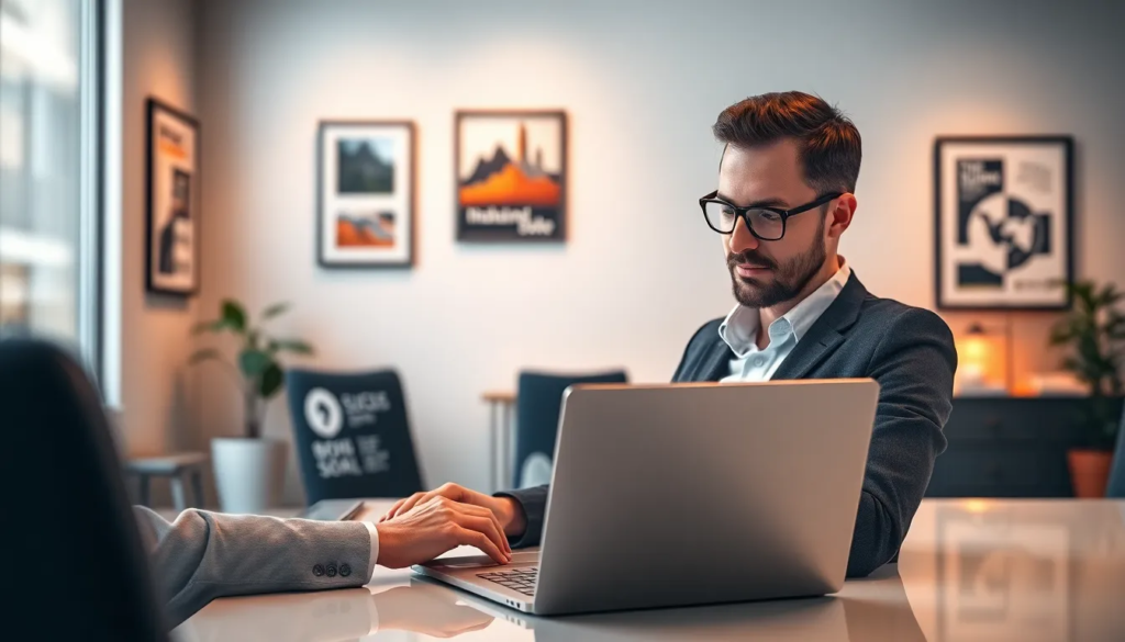 Un professionnel du marketing B2B dans un bureau moderne, utilisant un ordinateur portable affichant LinkedIn et des outils de recherche avancés, avec des visuels de succès et de réseautage en arrière-plan.