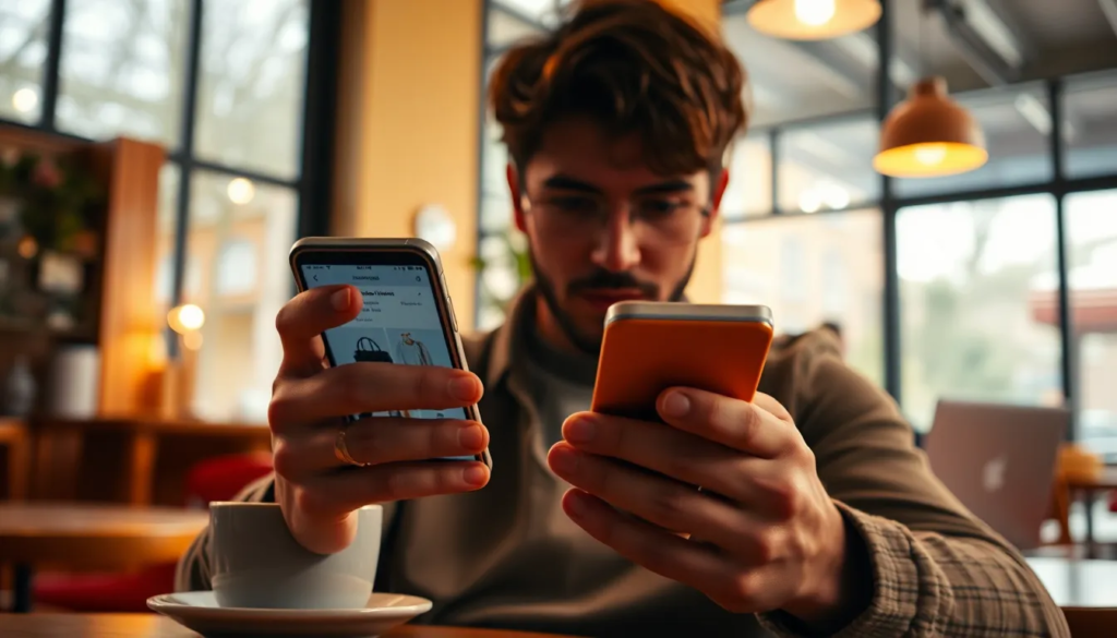 Un individu utilisant un smartphone dans un café chaleureux, feuilletant une application de shopping, soulignant le concept des micro-moments dans le comportement des consommateurs, avec une atmosphère moderne et apaisante.