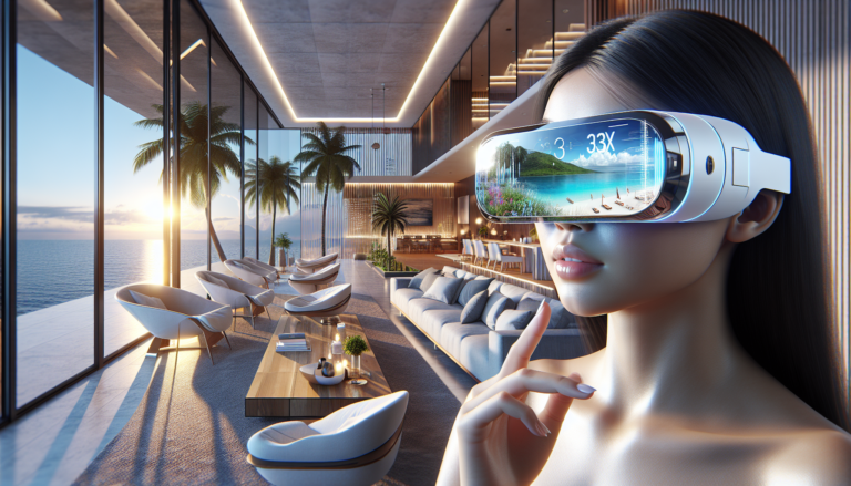 Scène de visite virtuelle d'une propriété immobilière moderne avec salon lumineux et vues panoramiques, et un resort de plage coloré avec palmiers et océan, un utilisateur interagissant avec une interface numérique en VR.