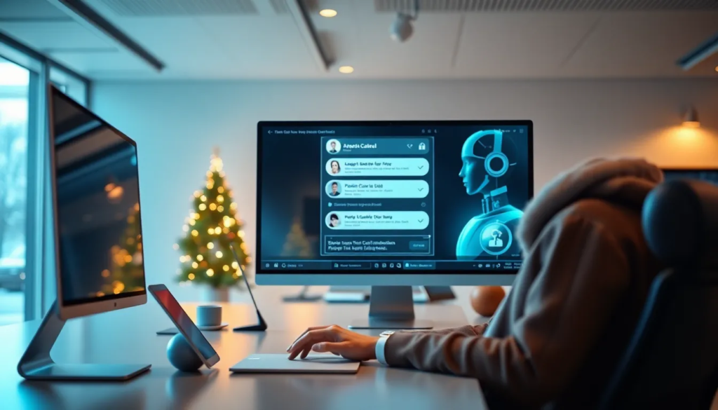 Un bureau futuriste durant la saison des fêtes, avec une interface de chatbot stylée, un client joyeux interagissant avec l'IA, décorations festives en arrière-plan et une ambiance chaleureuse.