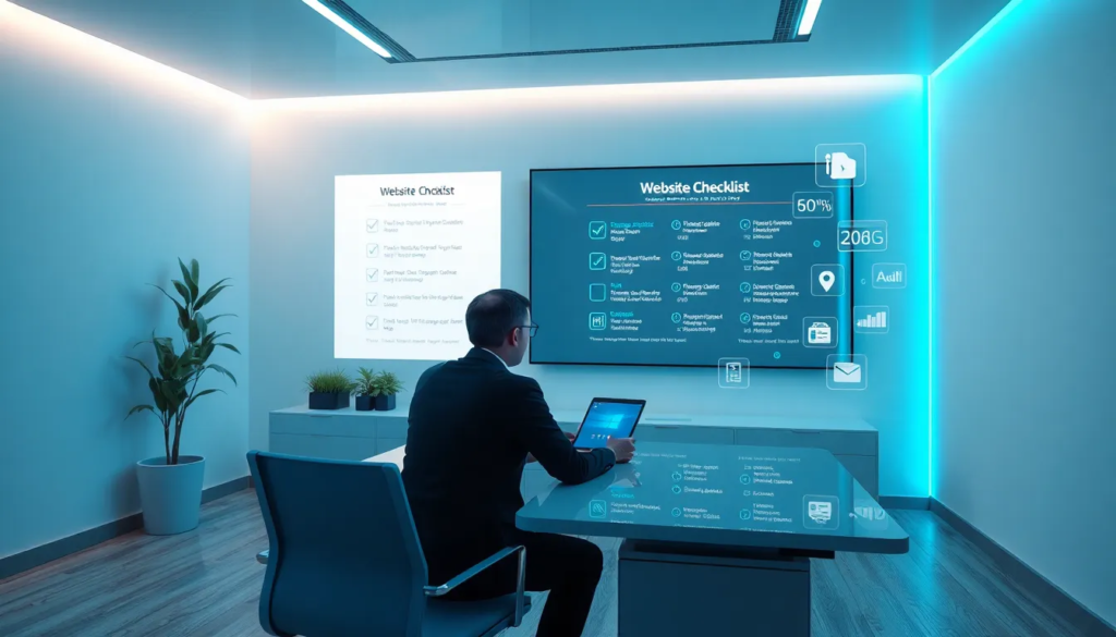 Espace de travail moderne avec un écran interactif affichant une checklist de mise à jour de site web, accompagné d'un professionnel utilisant une tablette avec des éléments de design holographiques et des analyses SEO dans un environnement futuriste illuminé par des lumières bleues et blanches.