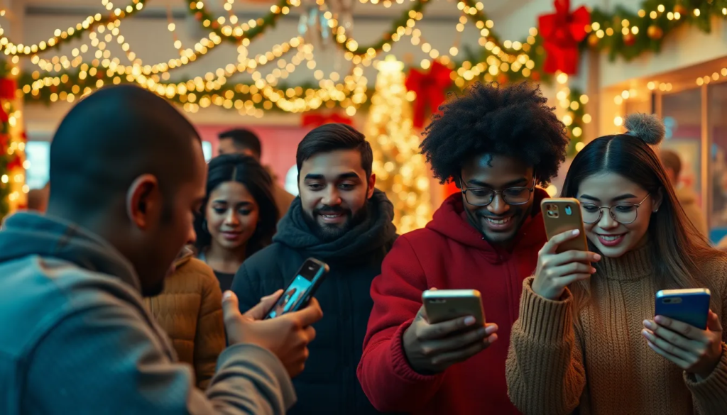 Scène d'une campagne festives sur les réseaux sociaux avec des individus divers utilisant des smartphones, entourés de décorations de Noël et de lumières, affichant des visuels inspirés de TikTok avec des défis interactifs et des hashtags créatifs.