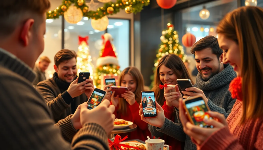 Scène d'un concours photo festif montrant des personnes diverses utilisant des smartphones pour participer à un concours sur les décorations de fêtes et les repas, avec des éléments colorés et des hashtags visibles sur l'écran.