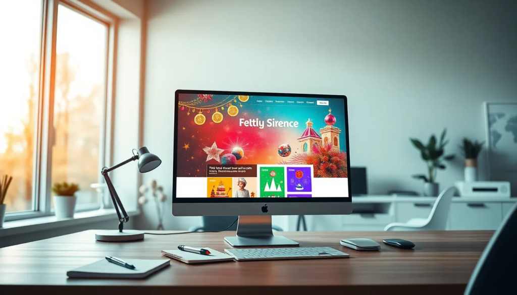Conception web colorée et festive sur un écran d'ordinateur dans un espace de travail moderne, avec des graphiques interactifs et des éléments de design, illuminé par une lumière chaleureuse.