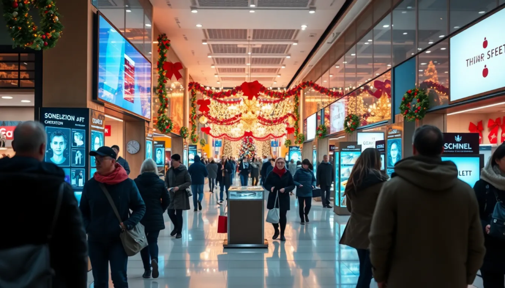 Environnement de vente au détail animé pendant les fêtes, avec des clients interagissant avec des panneaux de personnalisation numérique et des hologrammes, des décorations de Noël créant une atmosphère festive et une touche futuriste.