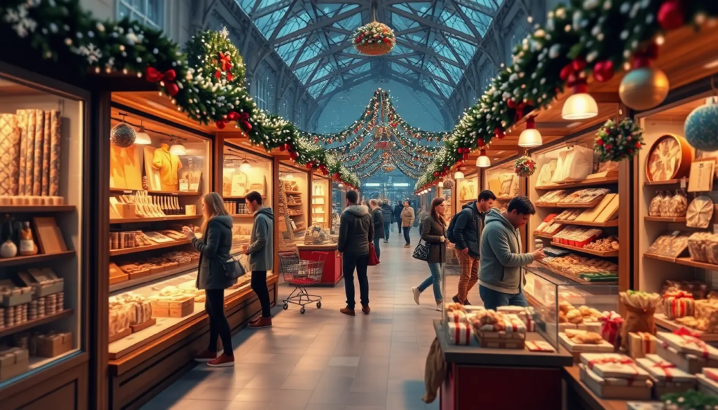 Scène hyper-réaliste d'un marché de Noël virtuel avec des stands d'artisans décorés de lumières festives, où des acheteurs explorent des cadeaux faits main et des friandises gourmandes, créant une ambiance chaleureuse dans un décor hivernal.