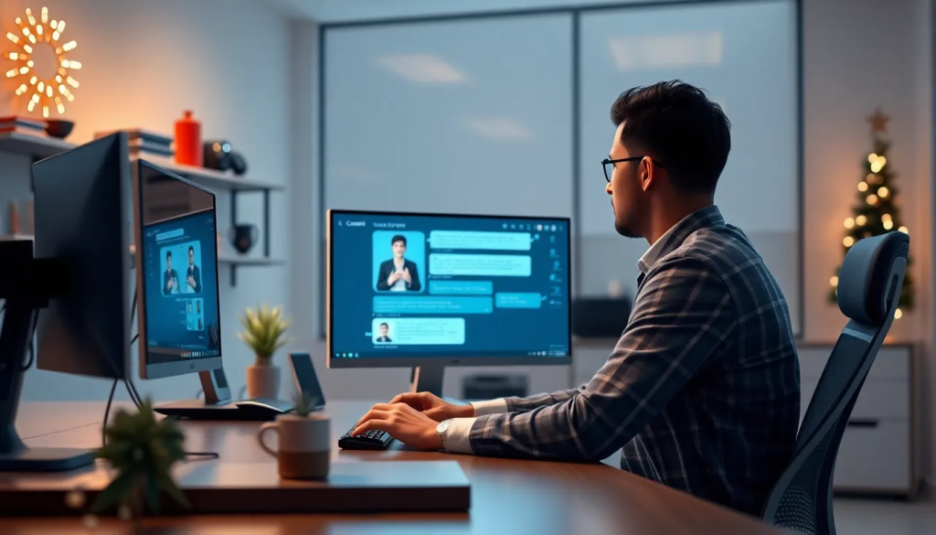 Une personne assise à un bureau moderne avec un ordinateur affichant une interface de chatbot IA, entourée de gadgets technologiques et de décorations festives pour célébrer le Nouvel An, mettant en avant la personnalisation de la communication.