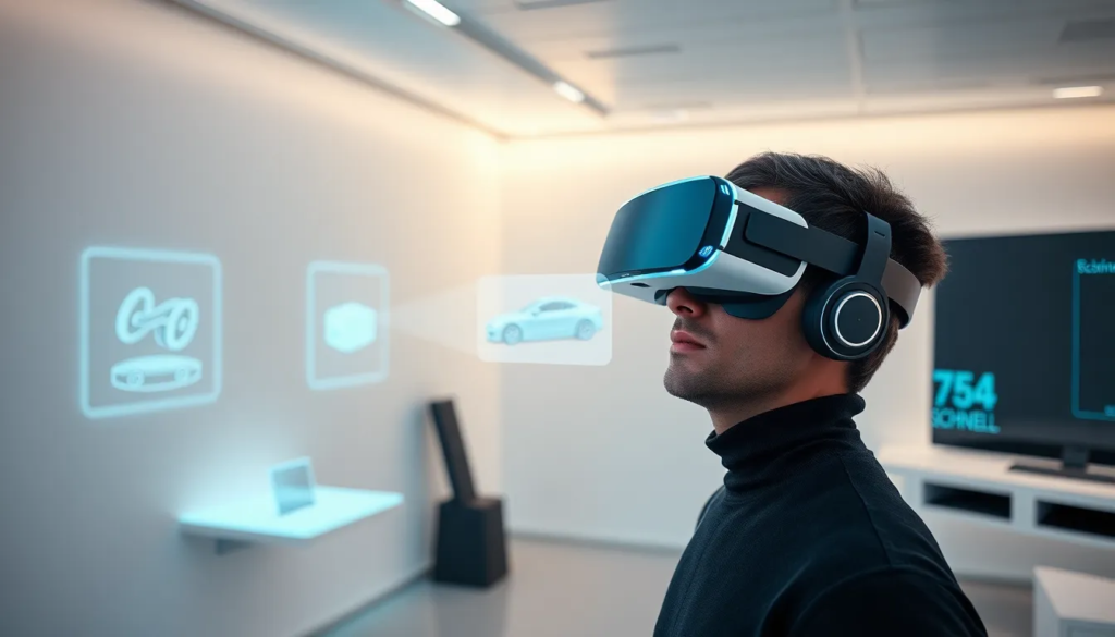 Une personne portant un casque VR dans un bureau futuriste, interagissant avec des displays holographiques de produits dans un environnement moderne et minimaliste.