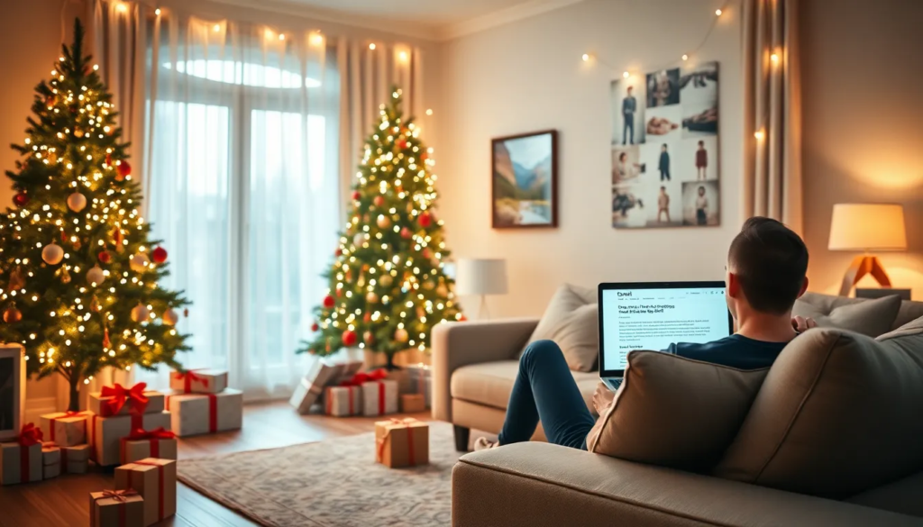 Un salon chaleureux décoré pour Noël, avec un arbre de Noël magnifiquement orné, des cadeaux sous l'arbre, et une personne assise sur le canapé regardant un ordinateur portable affichant une page sur les échanges et retours de cadeaux, sous une lumière diffuse des guirlandes.