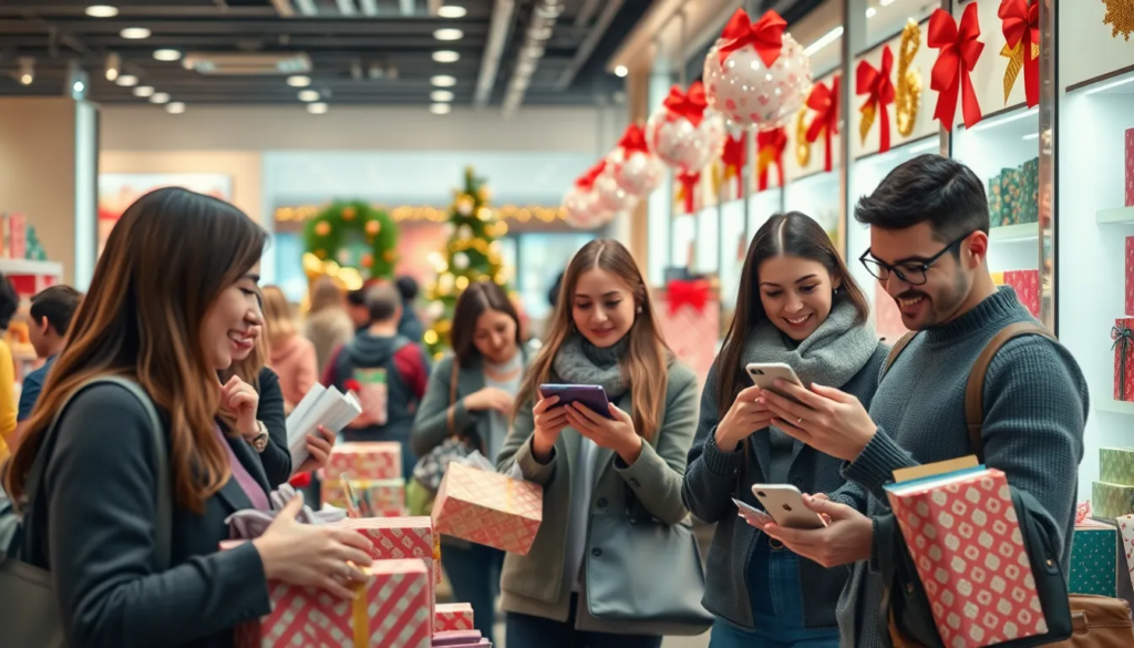 Scène de shopping animée pendant les fêtes, avec des clients dans un magasin moderne sélectionnant des cadeaux colorés, entourés de décorations festives et d'options de promotions.