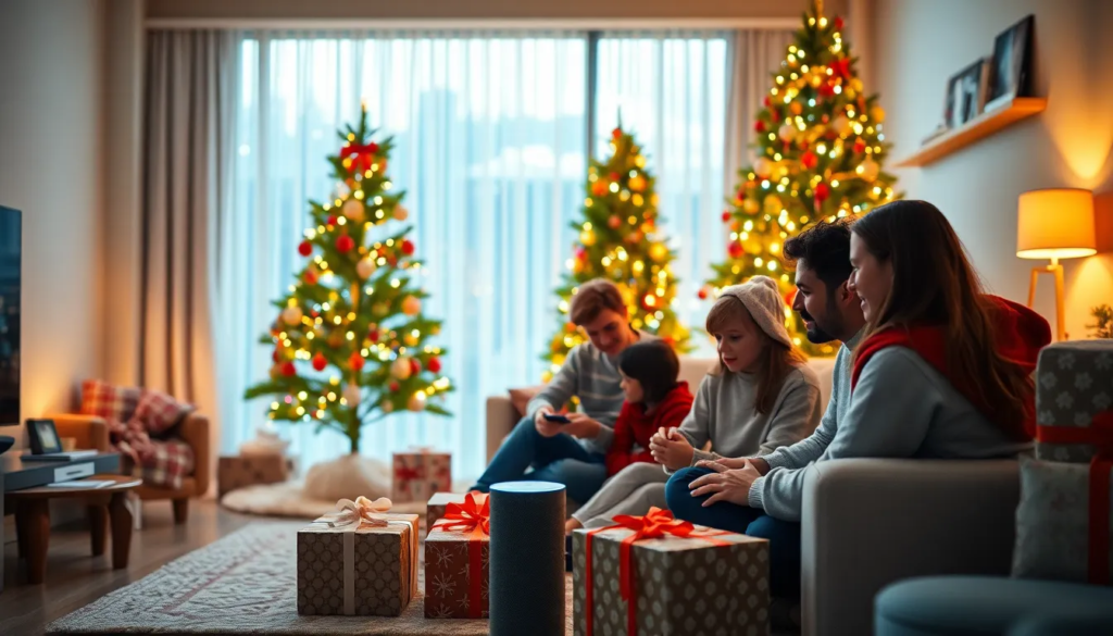 Scène festive d'une famille dans un salon cosy décoré pour Noël, avec un arbre de Noël ornée de lumières colorées, utilisant une enceinte connectée pour obtenir des idées de cadeaux, entourée de présents emballés et de décorations de fête.