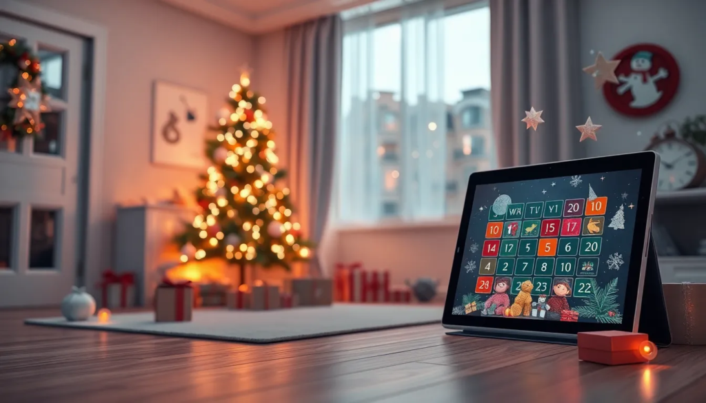 Une scène de Noël hyper-réaliste montrant une pièce festive avec un arbre décoré, des lumières scintillantes, un calendrier de l'Avent numérique sur une tablette, et des éléments de réalité augmentée représentant des cadeaux virtuels, créant une atmosphère moderne et engageante.