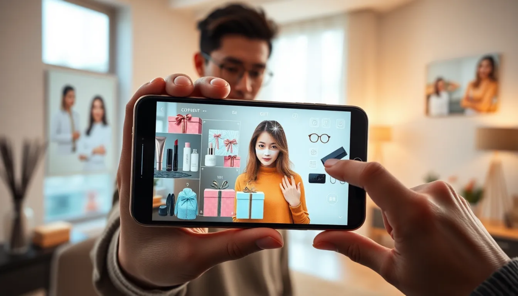 Utilisateur dans une pièce moderne tenant un smartphone affichant des images de réalité augmentée de cadeaux comme des cosmétiques et des gadgets, avec des affichages holographiques interactifs autour.