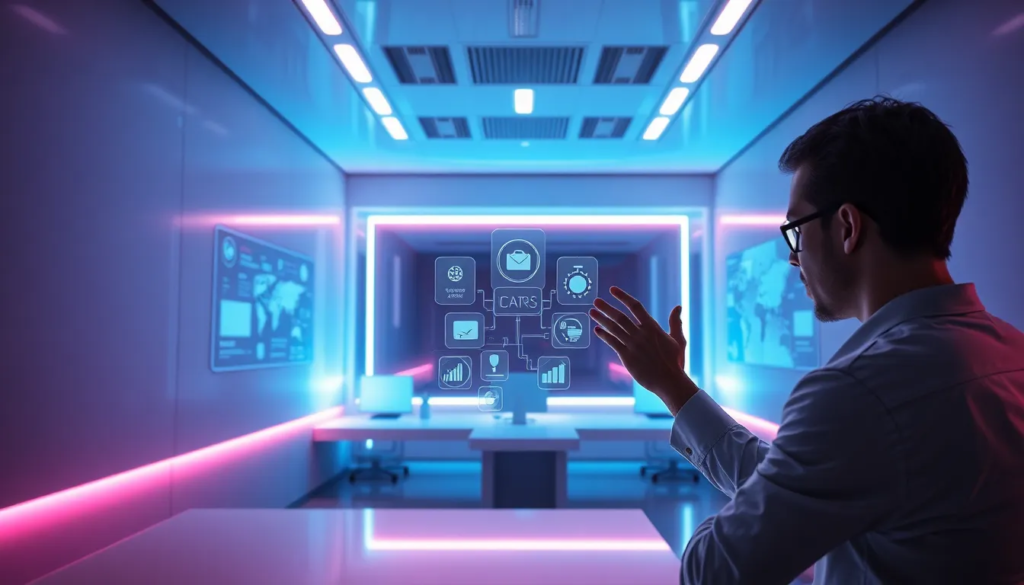 Bureau futuriste avec une personne interagissant avec des interfaces holographiques dans un environnement moderne, éclairé par des lumières bleues et roses, illustrant des concepts de marketing digital.