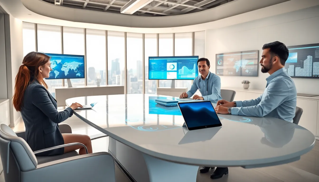 Scène d'un bureau de marketing futuriste avec des professionnels collaborant autour d'une table high-tech, affichant des interfaces holographiques sur des données clients et recommandations, dans une ambiance moderne avec skyline en arrière-plan.