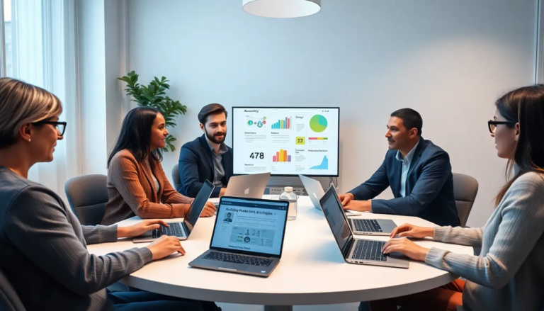 Groupe divers d'individus travaillant autour d'une table ronde dans un bureau moderne, collaborant sur des maquettes de design web, mettant en avant l'accessibilité et des éléments de design inclusifs.