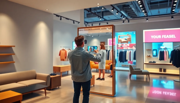 Intérieur d'un magasin moderne mettant en scène un client utilisant la réalité augmentée pour visualiser des meubles, avec un miroir intelligent reflétant des vêtements essayés virtuellement dans une ambiance chaleureuse.