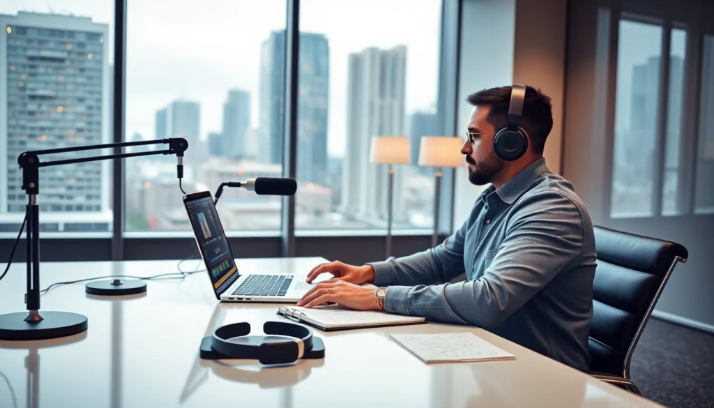 Une personne assise à un bureau élégant, se concentrant sur un ordinateur portable affichant un logiciel d'édition de podcast, avec des microphones, des écouteurs et un carnet d'idées dans un bureau lumineux, apportant une ambiance professionnelle et moderne.