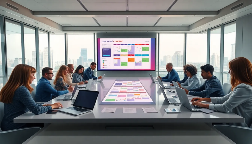 Équipe de professionnels divers collaborant autour d'une table de conférence moderne avec des ordinateurs portables, un calendrier de contenu sur les réseaux sociaux, et un écran affichant des graphiques et des icônes de médias sociaux, créant une atmosphère de productivité et d'innovation.