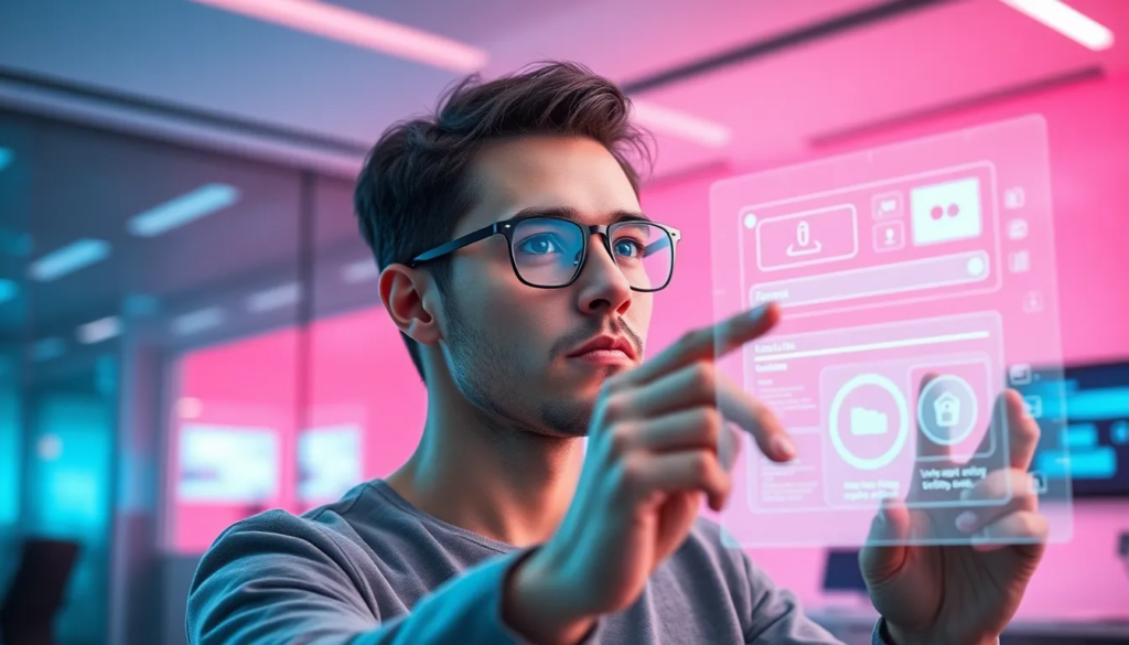 Un individu technophile dans un bureau futuriste interagissant avec des interfaces holographiques pour la recherche visuelle et des techniques d'optimisation, dans une ambiance moderne avec un éclairage bleu et rose.