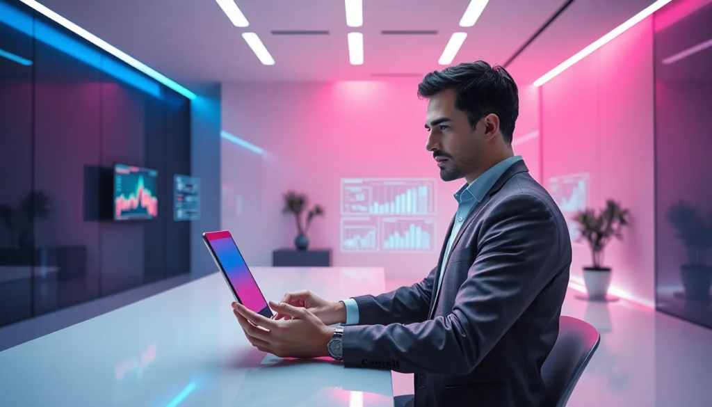 Un professionnel travaillant dans un bureau futuriste, utilisant une interface holographique, avec des murs modernes, un éclairage bleu et rose vibrant, et des affichages numériques montrant des graphiques et des stratégies de marketing de contenu B2B.