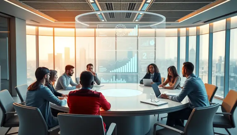 Un bureau futuriste avec une grande table ronde entourée de personnes de différentes ethnies discutant de stratégies de contenu, avec des affichages holographiques interactifs montrant des graphiques et des idées de contenu basées sur l'IA, le tout dans un environnement moderne avec une skyline lumineuse.