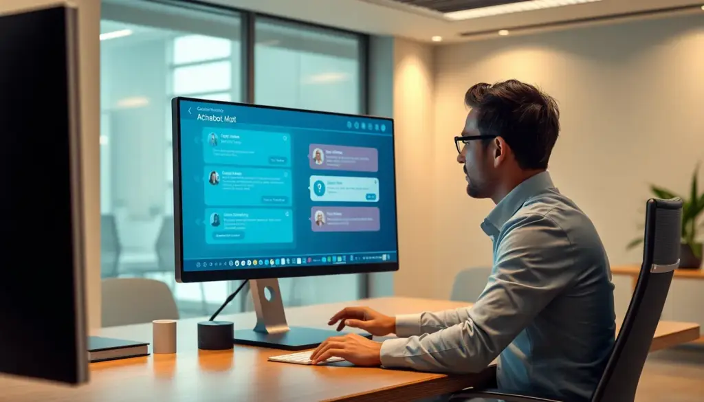 Un professionnel interagissant avec une interface de chatbot AI sur un écran d'ordinateur dans un bureau moderne, soulignant l'automatisation et l'engagement client dans un environnement numérique.