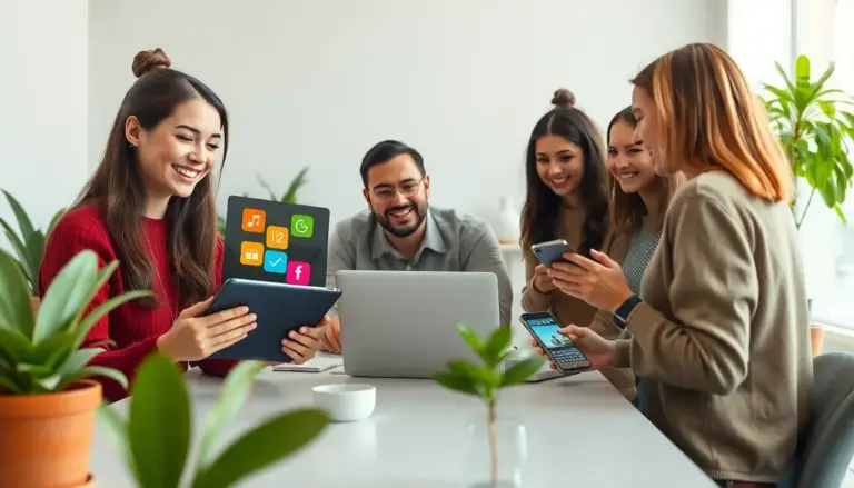 Scène vibrante montrant des personnes engagées avec du contenu interactif sur différents appareils, notamment une jeune femme souriante utilisant un quiz coloré sur sa tablette, un homme partageant un vidéo sur un laptop, et un groupe d'amis discutant de leurs scores sur un smartphone dans un espace de travail moderne avec une décoration contemporaine.