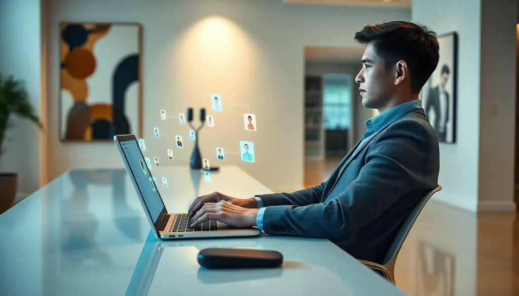 Un jeune professionnel assis à un bureau élégant avec un laptop ouvert, engageant une conversation sur des plateformes de réseaux sociaux, dans un environnement lumineux et moderne, avec des notifications numériques autour.