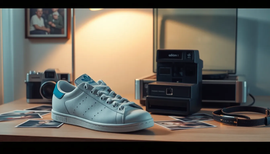 Sneaker vintage Adidas Stan Smith à côté d'un appareil photo Polaroid rétro sur une table en bois clair, entouré de photographies passées et d'un tourne-disque vinyle, évoquant une atmosphère nostalgique et chaleureuse.