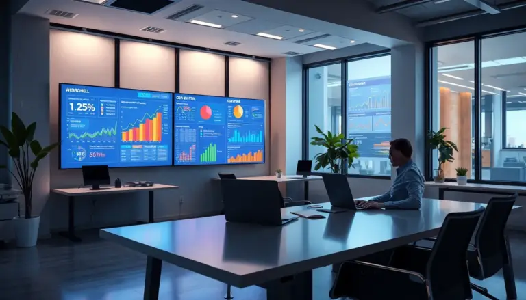 Bureau moderne avec un espace de travail ouvert, affichant des écrans colorés sur les Core Web Vitals, une personne analysant des données sur un ordinateur portable, et une plante en pot en arrière-plan, représentant un environnement professionnel axé sur l'optimisation web.