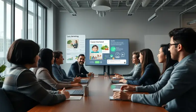 Un groupe diversifié de professionnels dans un bureau moderne, participant à une session de brainstorming sur le marketing de cause, entouré d'écrans affichant des enjeux sociaux comme la protection de l'environnement.