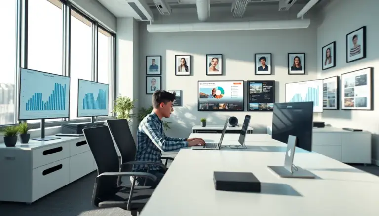 Personne dans un bureau moderne, assise à un bureau épuré avec un ordinateur portable ouvert, entourée d'écrans affichant des graphiques et des données SEO, murs décorés de vignettes et de mots-clés, lumière naturelle créant une atmosphère productive.