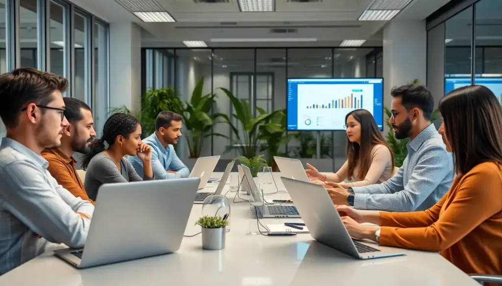 Espace de bureau moderne avec des professionnels divers engagés sur leurs ordinateurs, analysant des profils LinkedIn et discutant de stratégies marketing, avec des graphiques affichés sur les écrans et des plantes en arrière-plan.