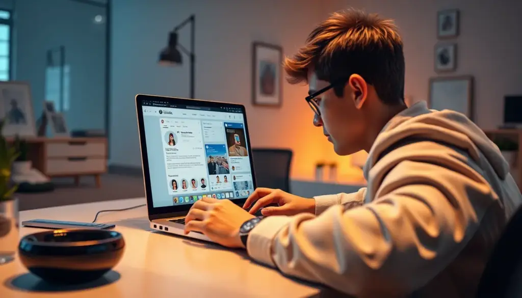 Un jeune professionnel dans un espace de travail moderne engage avec un tableau de bord de marketing digital sur un ordinateur portable, entouré d'icônes de médias sociaux et de visuels de produits, illustrant l'intersection entre technologie et commerce sur Instagram et Facebook.