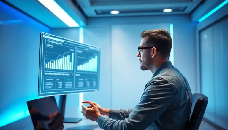 Un marketeur digital dans un bureau futuriste analysant des données sur un grand écran holographique affichant des métriques d'optimisation de landing page, avec une ambiance moderne et des éclairages bleus et verts.