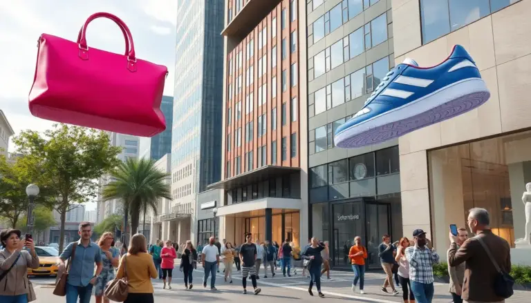 Rues d'une ville moderne avec des images 3D géantes de sacs à main et de baskets en réalité augmentée, des personnes interagissant et prenant des photos, mettant en avant le marketing basé sur la géolocalisation.