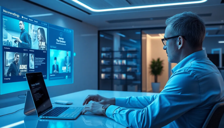 Un utilisateur interagissant avec une interface web futuriste dans un bureau moderne, entouré d'affichages holographiques montrant des recommandations de contenu personnalisées avec des lumières ambiantes bleues et vertes.