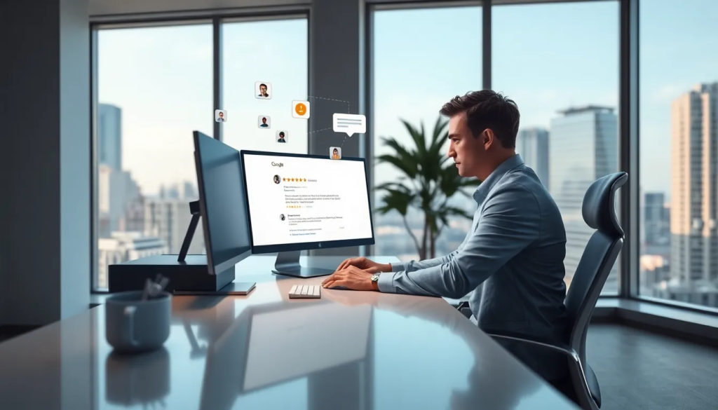 Un professionnel en affaires travaillant sur un ordinateur dans un bureau moderne avec des évaluations Google affichées, entouré d'icônes de feedback client.