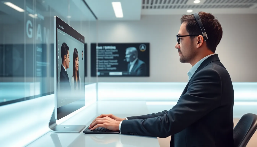 Agent de service client dans un bureau moderne interagissant empathiquement avec un client frustré sur un écran numérique, mettant en avant la connexion humaine dans un environnement technologique sophistiqué.