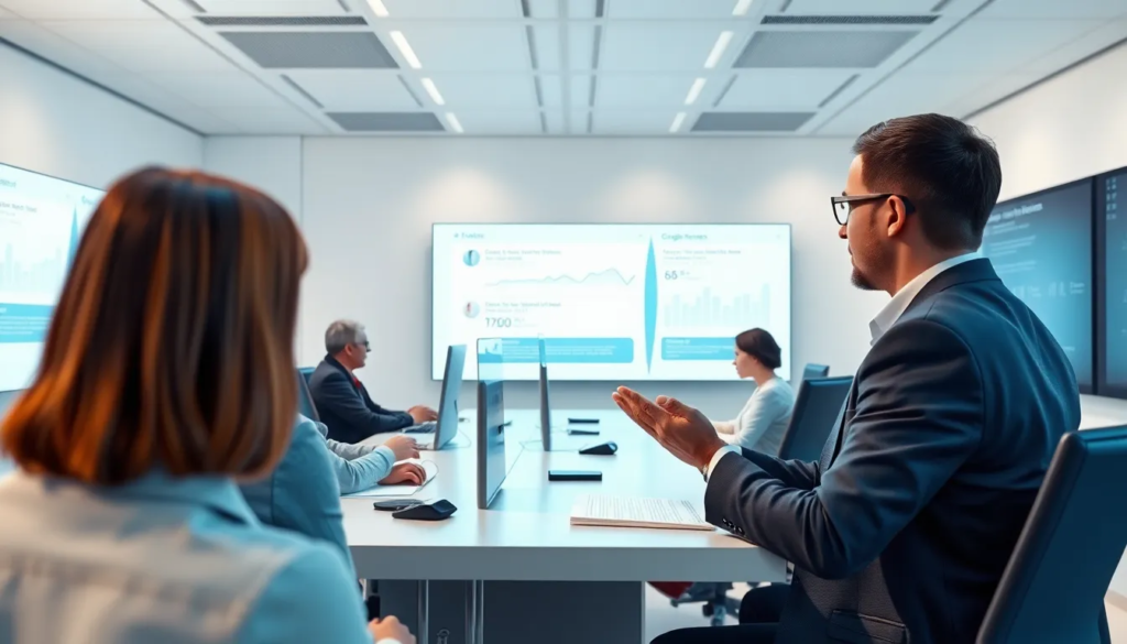 Bureau moderne futuriste avec une équipe diversifiée de professionnels interagissant avec des interfaces logicielles robotiques avancées sur des écrans élégants, mettant en avant l'automatisation des réponses aux avis Google.