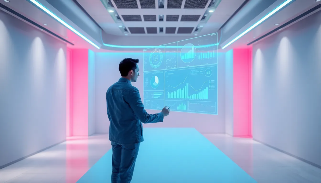 Bureau futuriste avec une personne analysant des données sur une interface holographique, entouré de murs lisses éclairés par des lumières bleues et roses, illustrant l'analyse prédictive et l'IA en prise de décision.