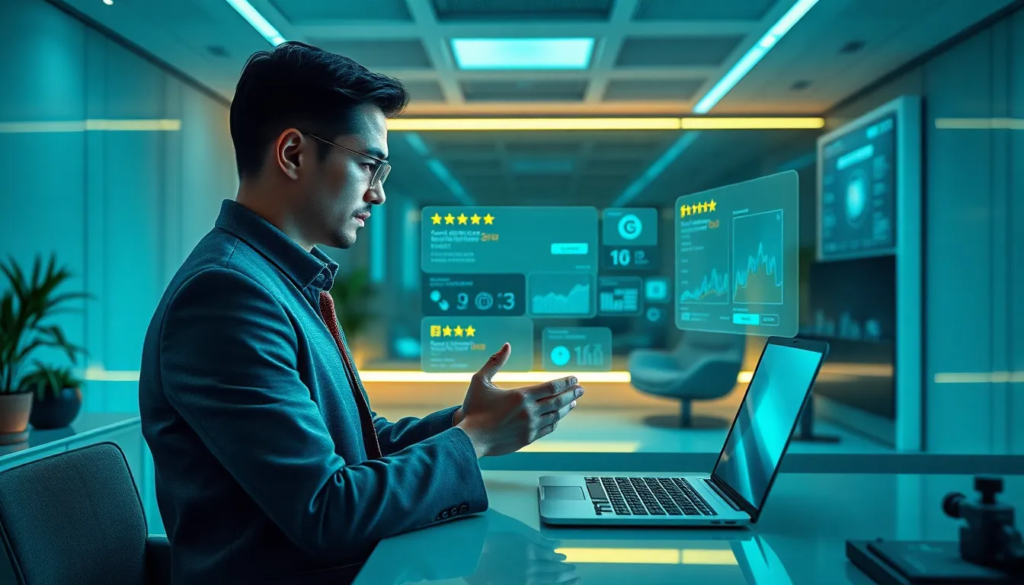 Un bureau futuriste avec un professionnel interagissant avec des interfaces numériques avancées affichant des avis Google automatisés et des analyses de données dans un environnement moderne et高-tech.