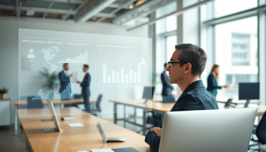 Bureau moderne avec fenêtres larges et éclairage naturel, un professionnel interagissant avec un tableau de bord marketing numérique sur un écran transparent, des graphiques d'e-reputation et de génération de leads, accompagnés d'icônes d'assistants virtuels et de collègues collaborant.