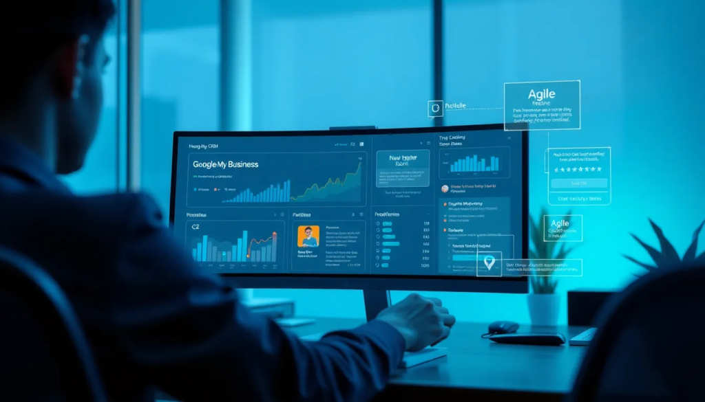 Une scène de bureau moderne avec une personne travaillant sur un ordinateur affichant les analyses de Google My Business et le logiciel Agile CRM, intégrant des éléments holographiques pour les réponses automatiques et les avis clients.
