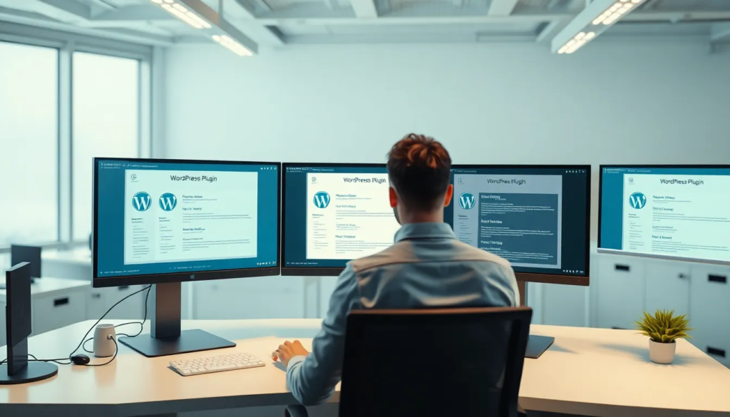 Bureau moderne et épuré avec plusieurs écrans affichant des interfaces de plugins WordPress pour des réponses automatisées, illustrant une ambiance d'efficacité et d'automatisation high-tech.
