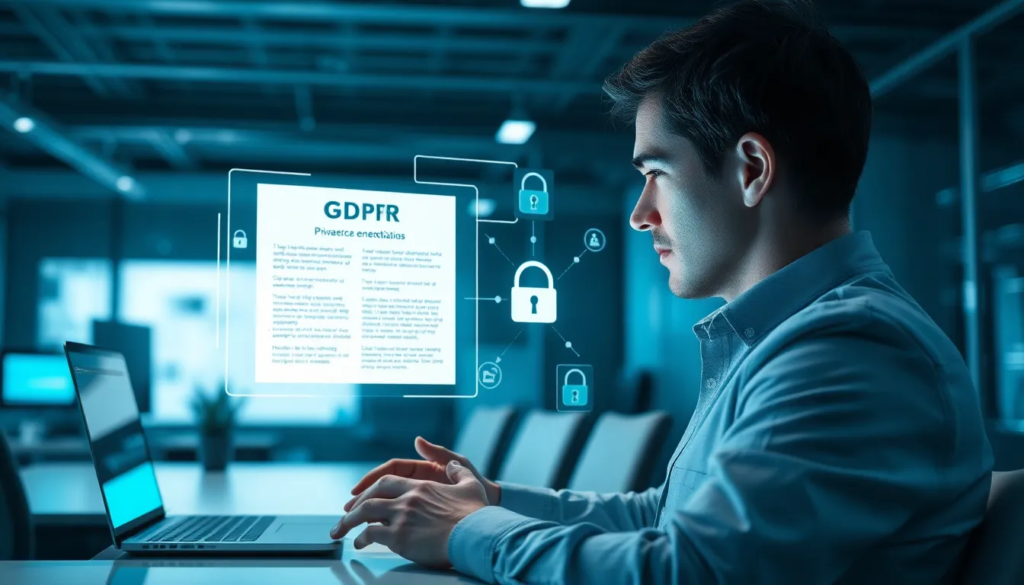 Personne dans un bureau moderne interagissant avec des interfaces numériques sur la conformité RGPD et la protection des données, entourée d'une ambiance high-tech avec des lumières bleues et vertes.