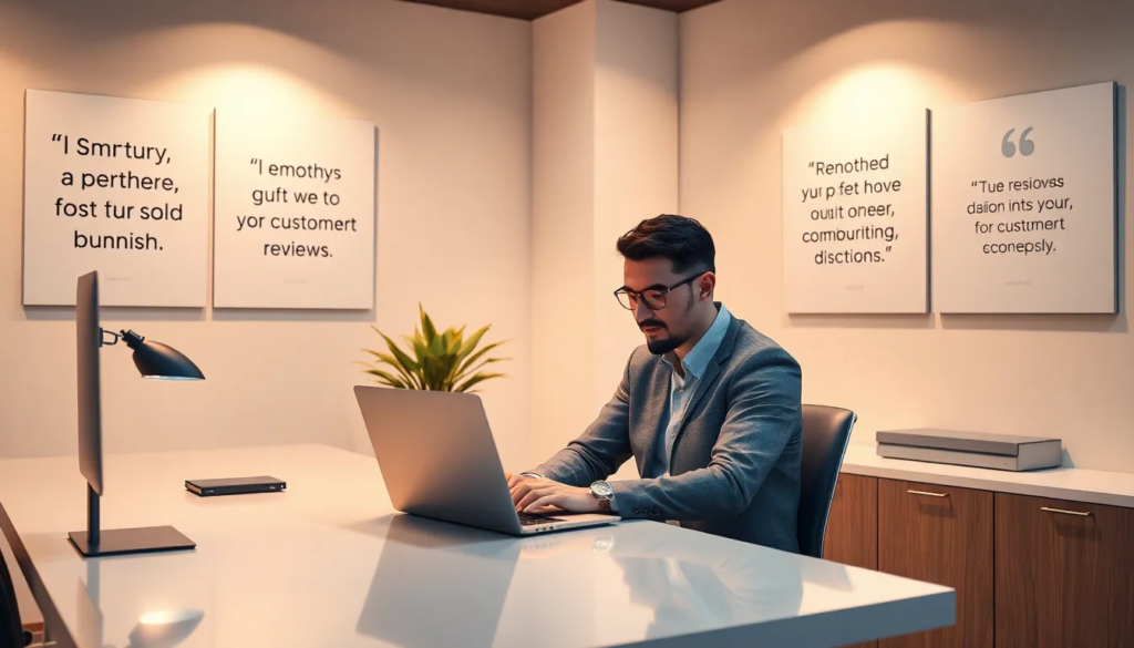 Personne assise à un bureau moderne avec un ordinateur portable ouvert, répondant à des avis clients, dans un environnement inspirant avec des citations motivantes sur les murs et une plante d'intérieur.