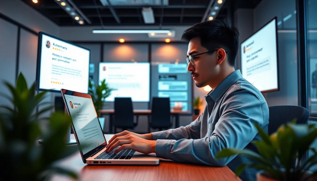 Une personne concentrée tapant sur un ordinateur portable dans un bureau moderne, entourée d'écrans numériques affichant des réponses automatisées et des avis clients positifs, ambiante productive avec des plantes et un éclairage doux.